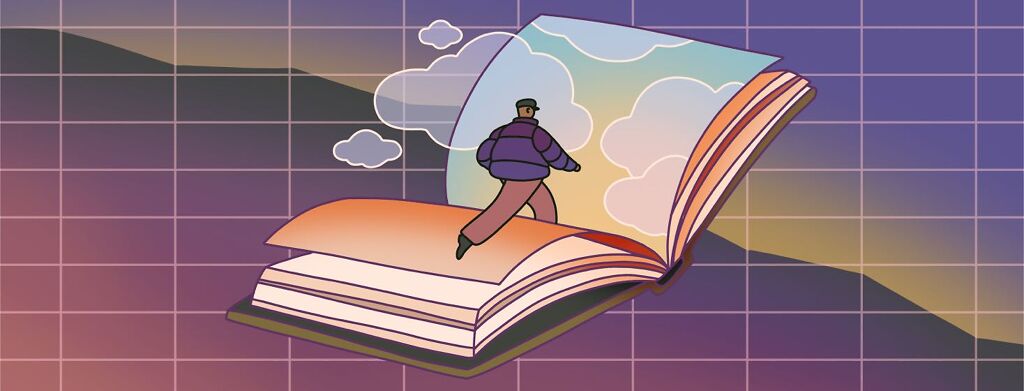 A man walks across an open book through a page filled with a sunrise and clouds