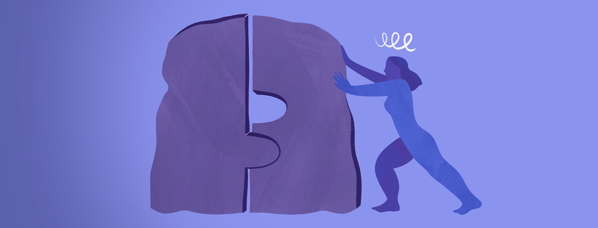 A woman tries to push bolder sized puzzle pieces together but they do not fit