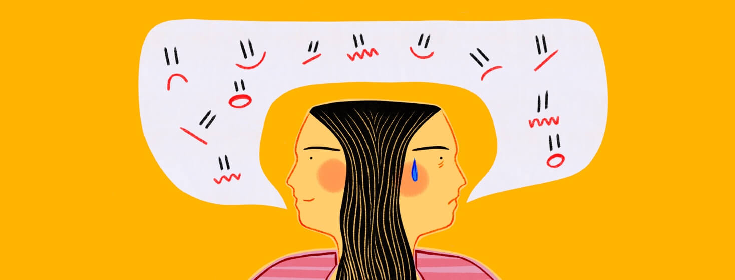 A double faced woman talks through her emotions with herself